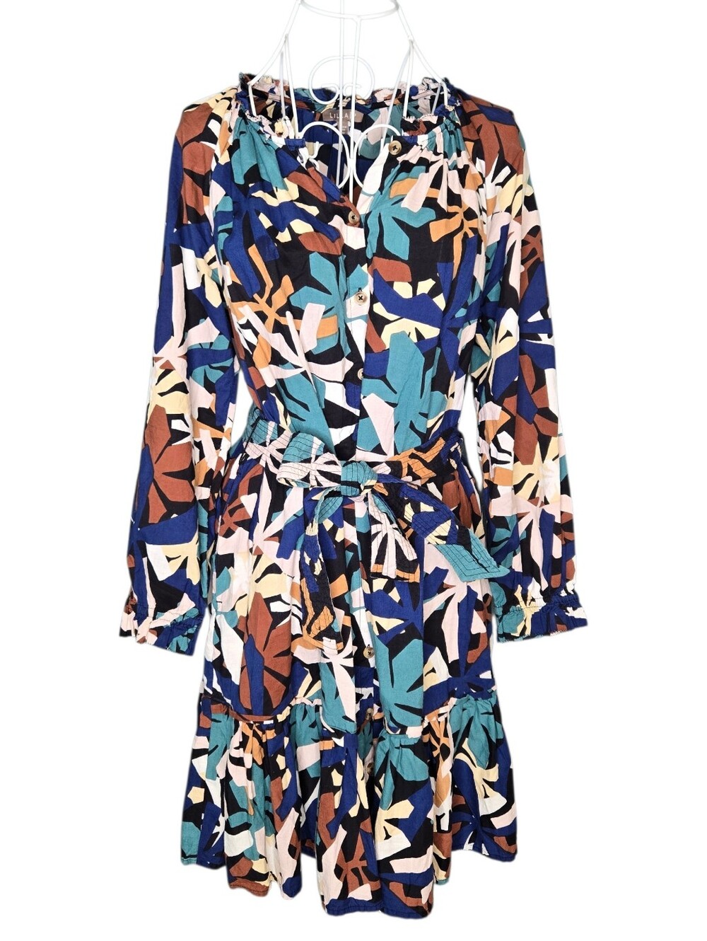 Lilla P Ruffle Neck Belted Shirt Dress Size XS
